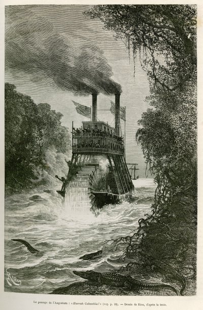 E.Riou 绘制的探险队汽船驶过安哥斯图拉（哥伦比亚），以说明 1875 年至 1876 年间前往分点美洲（哥伦比亚、厄瓜多尔、秘鲁）的航程，作者：爱德华·安德烈（Edouard Andre，1833 年至 1894 年） , 旅行者被神父指派执行任务 作者 爱德华·里奥（Edouard Riou）