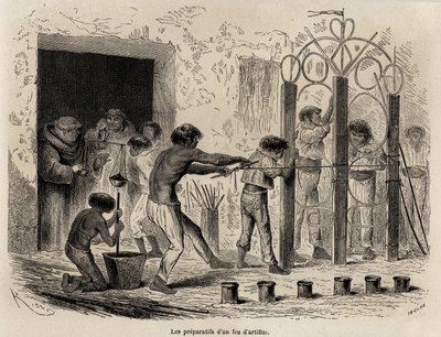 在萨拉亚库（秘鲁）准备烟花，由 Riou 绘制，以说明 Paul Marcoy 从 1848 年到 1860 年从太平洋到大西洋的旅程。雕刻在“Le tour du monde”，由 Edouard Charton 编辑 作者 爱德华·里奥（Edouard Riou）