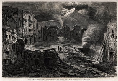 The square of Torre del Greco, during the eruption of the Vesuve, 8 December 1861, drawing by Riou, to illustrate the walks around Naples by Marc Monnier, in 1862. Engraving in “” Le tour du monde””, edited by Edouard Charton 作者 爱德华·里奥（Edouard Riou）