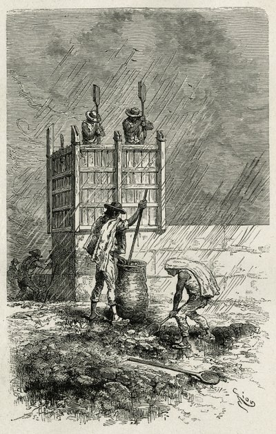 Tapial，一种使用木模板建造粘土墙的古老技术，通过果酱压实并在阳光下干燥，由 Riou 雕刻，以说明 L