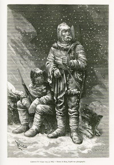 Payer 中尉和 Weyprecht 中尉的旅行套装，几层厚度的抗暴雪衣服，一件可伸缩的皮夹克，以保护面部免受霜冻，靴子和手套由面纱和法兰绒制成，还有厚重的眼镜。 雕刻 af 作者 爱德华·里奥（Edouard Riou）