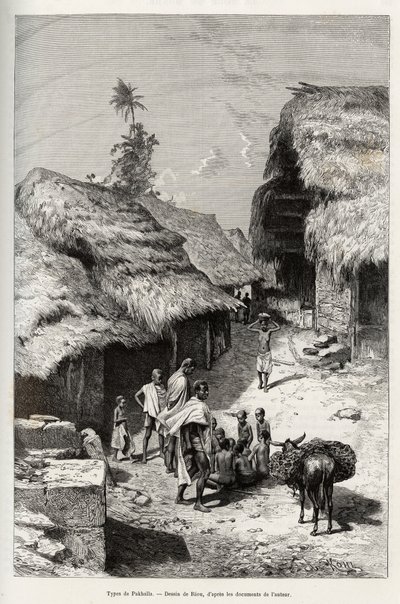 Pakhala（象牙海岸）的类型。 Riou 版画，说明路易斯·古斯塔夫·宾格船长（1856-1936 年）的故事“从尼日尔到几内亚湾”，1887-1889 年，在 Le tour du monde，nouveau journal des voyages，指导下 爱德华·查 作者 爱德华·里奥（Edouard Riou）