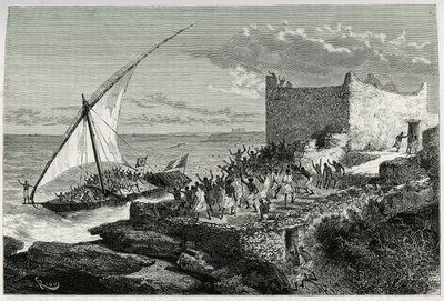 With the dung of travelers entering the harbour of Moguedouchou (Mogadishu), sailors make a huge racket to attract the people who welcome them with shouts of enthusiasm. Engraving by Riou, to illustrate the story “” Voyage chez les Benadir, les somalis et  作者 爱德华·里奥（Edouard Riou）