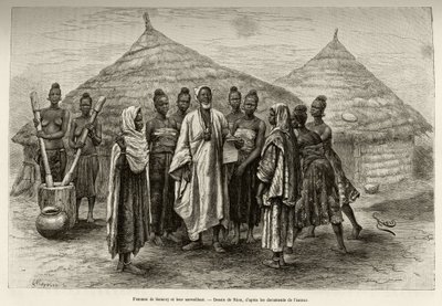 萨莫里-图雷（Samory Toure，约1835-1898年）的妇女和他们的主管桑宁克（Sonninke），他知道如何阅读和书写阿拉伯语，从他手中的纸可以看出。里欧的雕刻作品，为 "从尼日尔到海湾 "的故事作插图 作者 爱德华·里奥（Edouard Riou）