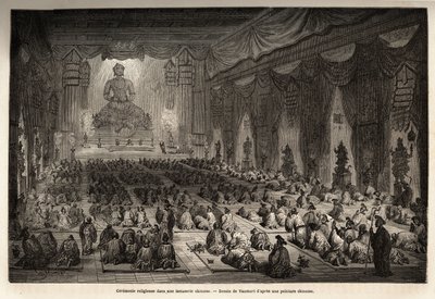 Religious ceremony in a Chinese lamasserie, drawing by Vaumort (? -1886), to illustrate the journey from Shanghai to Moscow, from 1859 to 1862, of M. de Bourboulon, French minister to China. Engraving in “” Le tour du monde””, edited by Edouard Charton 作者 Edouard Vaumort