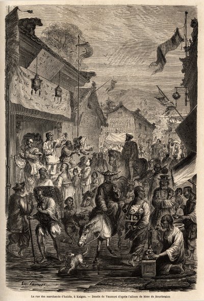 The street of clothing dealers, Kalgan, Mongolia. Drawing by Vaumort (? -1886), to illustrate the journey from Shanghai to Moscow, from 1859 to 1862, of M. de Bourboulon, French minister to China. Engraving in “” Le tour du monde””, edited by Edouard Chart 作者 爱德华·沃莫