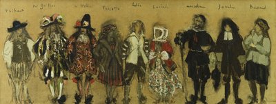 在让·德拉芳斯（Jean de la Fountaine）的“ La Coupe Enchantee”中为九位演员研究服装；让·德拉·芳丹（Jean de la Fontaine）着迷的魔法杯新服装研究，1918年 作者 爱德华·维拉德