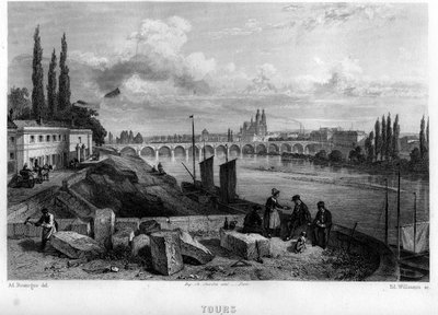 法国中部Indre-et-Loire(Indre et Loire)的Tour城市景观。威尔曼在让-伯纳德-玛丽-拉丰（Jean Bernard Mary-Lafon）的《古代和现代法国》中的雕刻作品 作者 爱德华·威尔曼