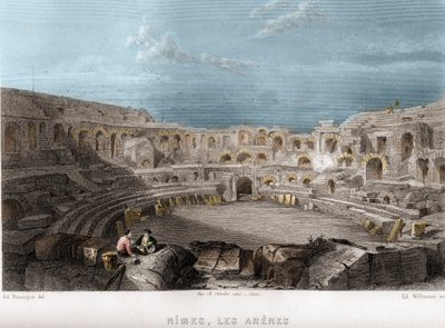 Les arenes de Nimes, Gard, Languedoc-Roussillon (Languedoc Roussillon), France.威尔曼在让-伯纳德-玛丽-拉丰（Jean Bernard Mary-Lafon）的《古代和现代法国》中的雕刻作品 作者 爱德华·威尔曼