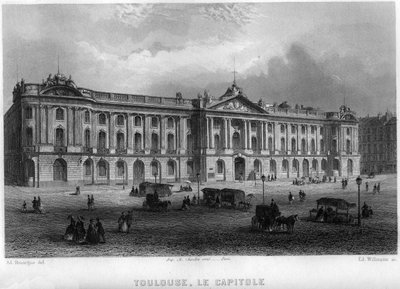 法国上加龙省（Haute Garonne）、中比利牛斯省（Midi Pyrenees）的图卢兹市的首都景观。威尔曼在让-伯纳德-玛丽-拉丰（Jean Bernard Mary-Lafon）的《古代和现代法国》中的雕刻作品 作者 爱德华·威尔曼