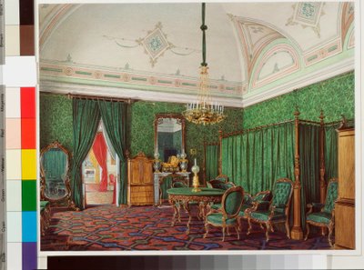 冬宫内部装饰（圣彼得堡冬宫） ：爱德华（爱德华）-豪（1807-1887 年）的纸上水彩画：第三居室 - 卧室 作者 爱德华·豪（Eduard Hau）