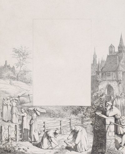 图版5：妇女收集植物并将其举过头顶，一名男性围观者在里......，1836年。 作者 爱德华·朱利叶斯·弗里德里希·本德曼