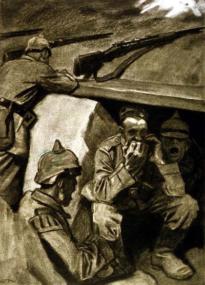 战壕中的口风琴》，德国杂志《Simplicissimus》插图，约 1915 年（平版）。 作者 爱德华·托尼