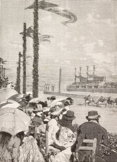 庞贝节庆上的赛马，意大利庞贝，根据 Edoardo Dalbono 的画作雕刻，摘自《意大利画报》，第 21 期，5 月 25 日 作者 爱德华多（后）达尔博诺