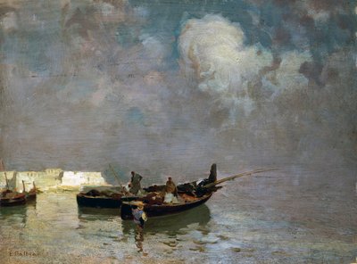 有渔民的码头，爱德华多-达尔博诺（1841-1915），布面油画，34x45厘米 作者 爱德华多·达波诺