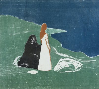 两个女人在海滩上，1898年（彩色木刻） 作者 爱德华·蒙克