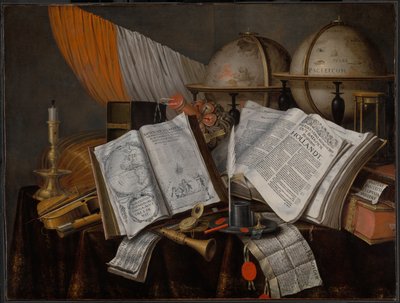 带国旗、烛台、乐器、书籍、书写用具、地球仪和沙漏的梵尼塔斯静物画 作者 埃德华特·科利尔