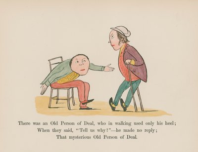 Deal 有一位老人，走路时只用脚跟（彩色雕刻）。 作者 爱德华（后）李尔