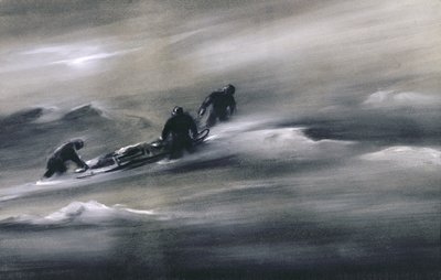 三个人在雪地里有雪橇，1910-12 作者 爱德华·阿德里安·威尔逊