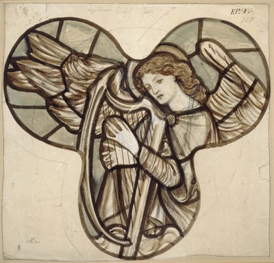 Lyndhurst教堂的彩色玻璃设计：天使竖琴师，1862年（石墨上的棕色和蓝色洗涤） 作者 爱德华·伯恩·琼斯