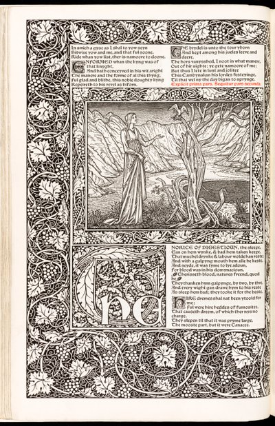 杰弗里-乔叟的《杰弗里-乔叟作品》（The Works of Geoffrey Chaucer Now Newly Imprinted），由凯尔姆斯科特出版社于1896年出版（木刻）。 作者 爱德华·伯恩·琼斯
