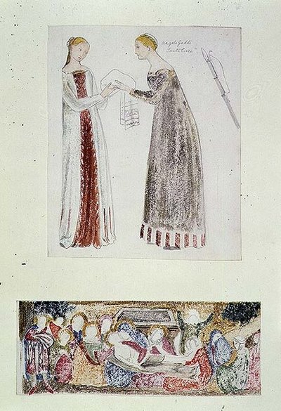 No.1084-f.10 (TtoB) 两个女仆，来自佛罗伦萨Rinuccini教堂的Giovanni da Milano的《玛丽的诞生》副本；《哀歌》（水彩，铅笔） 作者 爱德华·科利·伯恩-琼斯