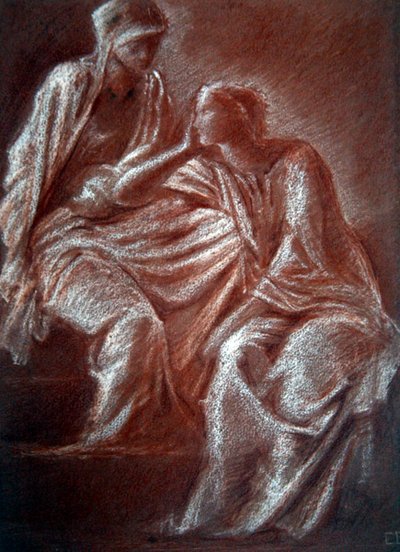 女性人物研究（纸上红白粉笔画） 作者 爱德华·科利·伯恩-琼斯