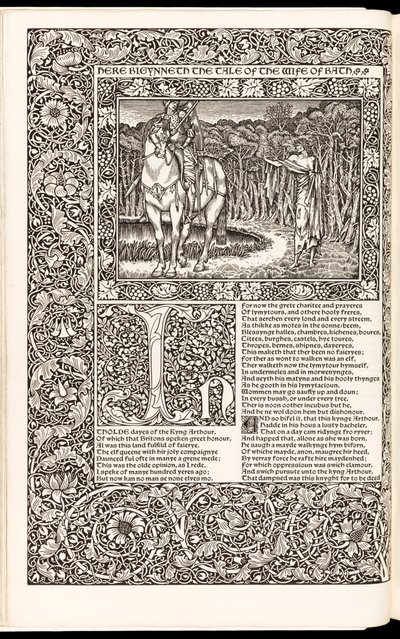 杰弗里-乔叟的《杰弗里-乔叟作品》（The Works of Geoffrey Chaucer Now Newly Imprinted），由凯尔姆斯科特出版社于1896年出版（木刻）。 作者 爱德华·伯恩·琼斯