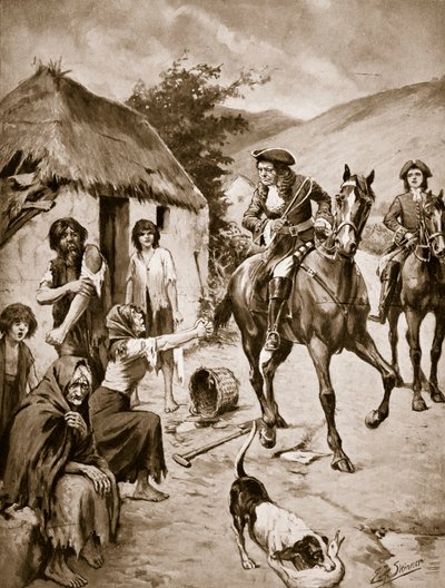 爱尔兰人的生活，约 1710 年，插图选自《哈钦森的英国国家故事》，约 1923 年（石版印刷）。 作者 爱德华·弗雷德里克·斯金纳