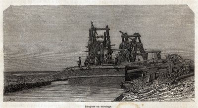 苏伊士运河上的挖泥船，由 Grenet 绘制，用于说明 Paul Merruau 于 1862 年前往苏伊士运河的游览。 雕刻在“Le tour du monde”，Edouard Charton 编辑 作者 爱德华·格雷内特
