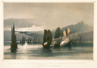 1849 年 9 月 28 日，中国 Tysami 附近，对 Chuiapoo 海盗中队的袭击（石版画），19 世纪中叶 作者 爱德华·霍奇斯·克里