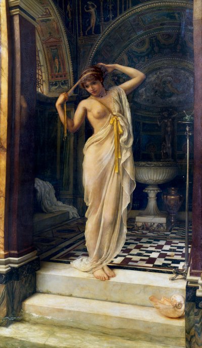 "Diadumene"，年轻裸女在古式浴池中系上眼罩。爱德华-约翰-波因特（1836-1919 年）的画作（古典主义）1893 年 作者 爱德华·约翰·波因特