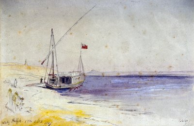 一艘埃及船停靠在尼罗河岸边，靠近瓦迪-哈勒费（埃及）。彩色水彩画 作者 爱德华·李尔