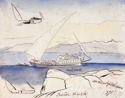 一艘埃及独桅帆船行驶在尼罗河上，靠近 Shetaal（埃及）。彩色水彩画 作者 爱德华·李尔