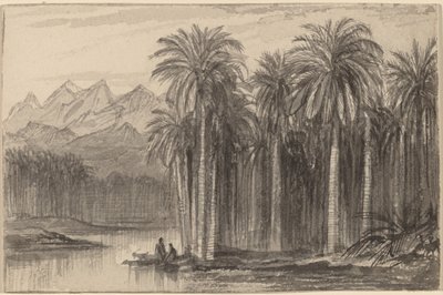 乘坐独木舟从棕榈树丛中出发的人物 Wady Feiran, 1884-1885. 作者 爱德华·李尔