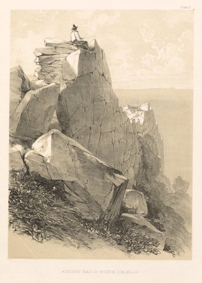 意大利卷插图游览。二：古城墙，蒙特切尔罗，1846年。 作者 爱德华·李尔
