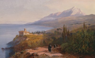 阿托斯山和Stavronikétes修道院，1857年。 作者 爱德华·李尔