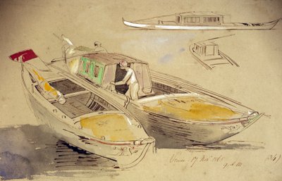 威尼斯船只的研究，在岸边。彩色水彩画，作者爱德华-李尔（1812-1888 年）。 作者 爱德华·李尔