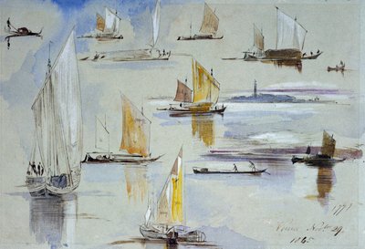威尼斯船只研究，附注释。爱德华-李尔（1812-1888 年）的绘画作品 作者 爱德华·李尔