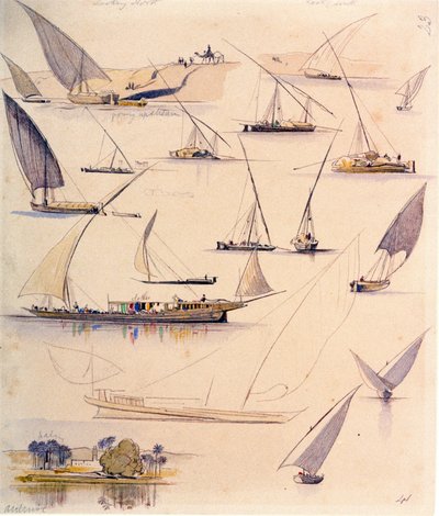 各种埃及船只的研究。彩色水彩画 作者 爱德华·李尔