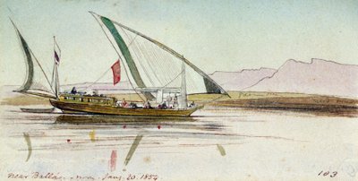 巴拉斯（埃及）附近尼罗河上的 gyassi（埃及船）研究。彩色水彩画 作者 爱德华·李尔