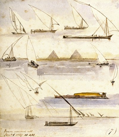 研究各种埃及船只（Dahabeeyahs 和 Gyassis），页面中间是吉萨（开罗）金字塔前的场景 作者 爱德华·李尔