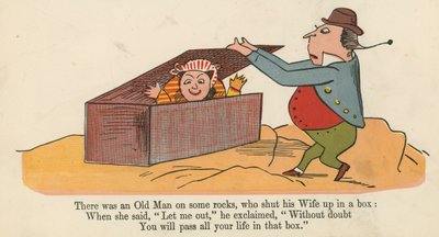 在一些石头上有一个老人，他把他的妻子关在一个盒子里，来自伦敦Frederick Warne and Co.出版的“A Book of Nonsense”，1875年 作者 爱德华·李尔