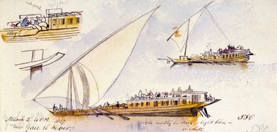 三张埃及船只的照片，船上载有乘客，位于 Gau el Kebir（埃及）附近，并附有人物衣着的注释 作者 爱德华·李尔