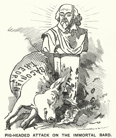 打孔卡通：猪头攻击不朽的吟游诗人——威廉·莎士比亚的戏剧实际上是弗朗西斯·培根爵士写的理论（版画） 作者 爱德华·林利（之后）桑伯恩