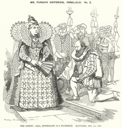 Punch cartoon: The Lordly Cecil Entertains His Sovereign, Hatfield 作者 爱德华·林利（之后）桑伯恩