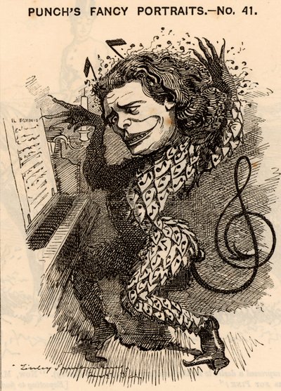 安东·鲁宾斯坦（1829-1894）俄罗斯钢琴家、作曲家和指挥家，圣彼得堡音乐学院创始人。 1881 年伦敦音乐会季，他的收入约为 10,000 英镑。 他的作品之一是歌剧《恶魔》（1875）。 埃德瓦的卡通 作者 爱德华·林利·桑伯恩