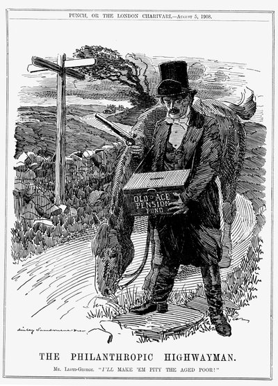 David Lloyd George (1863-1945) Welsh-born British Liberal statesman. In 1908, as Chancellor of the Exchequer, Lloyd George introduced his Old Age Pensions Act. Cartoon by Edward Linley Sambourne from Punch, London, August 1908. 作者 爱德华·林利·桑伯恩