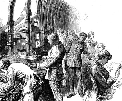 Engraving depicting the pneumatic dispatch which the General Post Office used to transport parcels under London. Edward Linley Sambourne (1844-1910) an English cartoonist and illustrator. Dated 19th Century ©UIG/Leemage 作者 爱德华·林利·桑伯恩