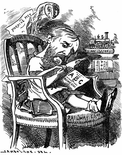 Evelyn Ashley (1836-1907) English author and Liberal politician: son of 7th Earl of Shaftesbury. Cartoon by Edward Linley Sambourne in the Fancy Portraits series from Punch London April 1881 when Ashley was under-secretary at the Board of Trade . 作者 爱德华·林利·桑伯恩